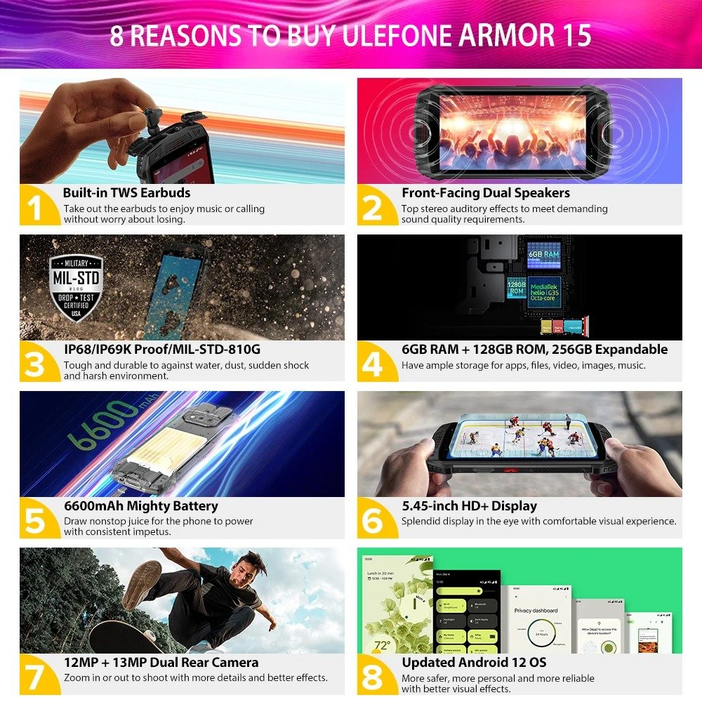 Ulefone Armor 15 mobile phones 3g&4g smartphone 5.45" smart phone 5g smartphone 6GB+128GB 6600mAh 16MP 60Hz 18W Rugged Phone